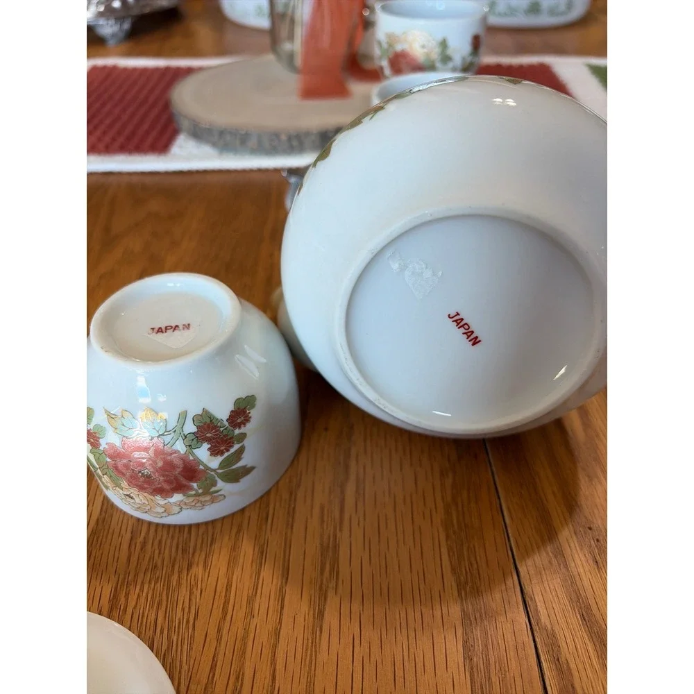 Vintage Japanese Porcelain Tea Set Floral Peony Gold Gilt Teapot 3 Cups Infuser